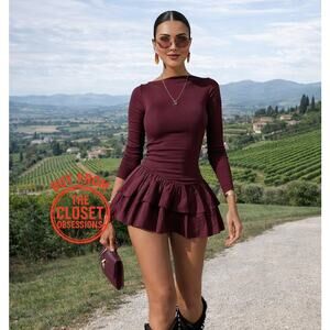 ZARA Burgundy Boatneck Ruffle Hem Mini Dress 🍂✨ | Size M | NWT